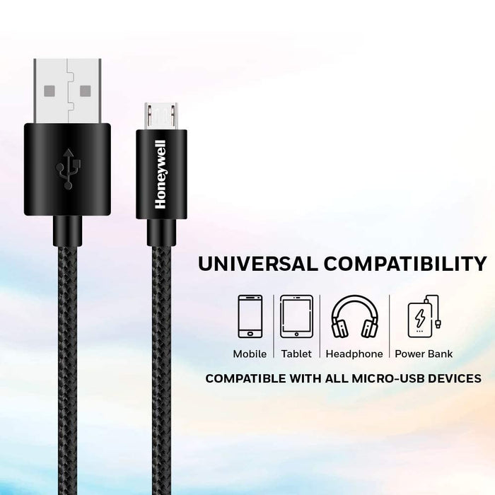 Honeywell USB to Micro USB cable, Fast Charging, 480 MBPS Transfer Speed, Nylon-Braided sync and charge cable, Male-to-Male Port, Compatible with Smartphones, Tablets, Laptops, 4 Feet (1.2M)- Black