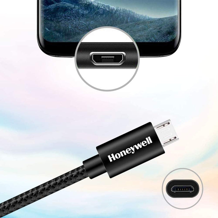 Honeywell USB to Micro USB cable, Fast Charging, 480 MBPS Transfer Speed, Nylon-Braided sync and charge cable, Male-to-Male Port, Compatible with Smartphones, Tablets, Laptops, 4 Feet (1.2M)- Black