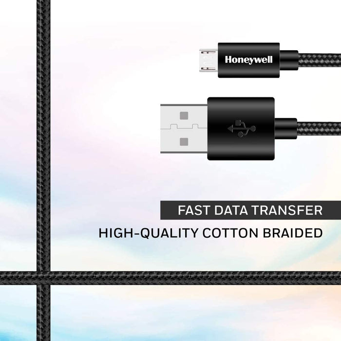 Honeywell USB to Micro USB cable, Fast Charging, 480 MBPS Transfer Speed, Nylon-Braided sync and charge cable, Male-to-Male Port, Compatible with Smartphones, Tablets, Laptops, 4 Feet (1.2M)- Black