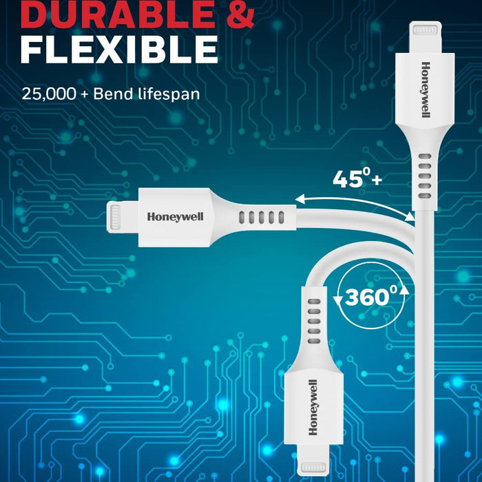 Honeywell USB to Lightning Silicone cable, 6 Feet (1.8M), MFI certified, QC 3.0, Max Output 2.4A,Fast Charge & Sync Cable for iPhone, iPad, AirPods- iPod – White