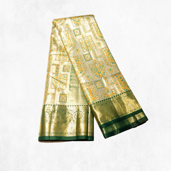 Beige and Green Silk Saree