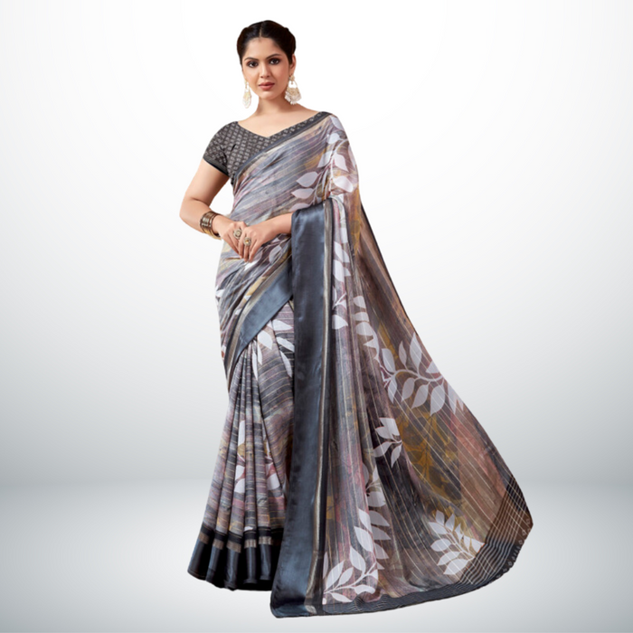 Black and Grey Leaf Print Georgette Saree