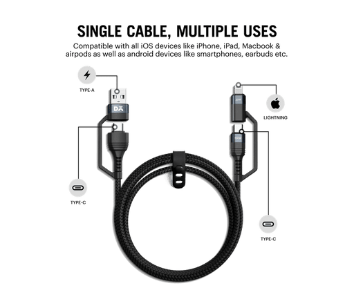 Dailyobjects Surge™ 4-In-1 Universal Braided Charging Cable With Multiport | Type-C To Lightning, Type-A, Supports Data Transfer | Compatible with All Android & iOs Smartphones, Tablet/Ipads & Macbook - Sellenza