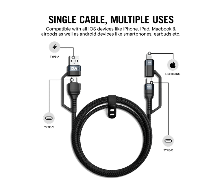 Dailyobjects Surge™ 4-In-1 Universal Braided Charging Cable With Multiport | Type-C To Lightning, Type-A, Supports Data Transfer | Compatible with All Android & iOs Smartphones, Tablet/Ipads & Macbook - Sellenza