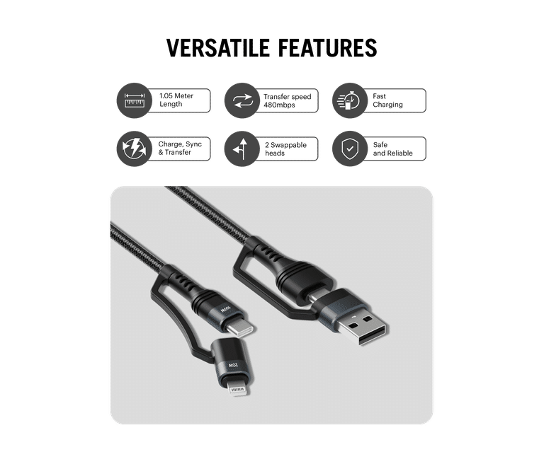 Dailyobjects Surge™ 4-In-1 Universal Braided Charging Cable With Multiport | Type-C To Lightning, Type-A, Supports Data Transfer | Compatible with All Android & iOs Smartphones, Tablet/Ipads & Macbook - Sellenza