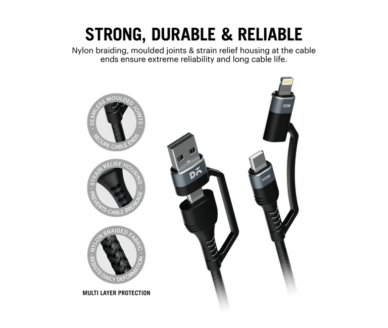 Dailyobjects Surge™ 4-In-1 Universal Braided Charging Cable With Multiport | Type-C To Lightning, Type-A, Supports Data Transfer | Compatible with All Android & iOs Smartphones, Tablet/Ipads & Macbook - Sellenza