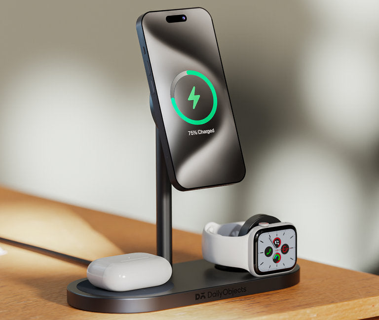 DailyObjects SURGE™ Max 3-in-1 Magnetic Wireless Charging Station - 30W | Compatible with iPhone 15, 14, 13, 12 & All Qi Enabled phones, Earbuds, Smartwatches | Fast Charging | USB Type C Port - Grey - Sellenza