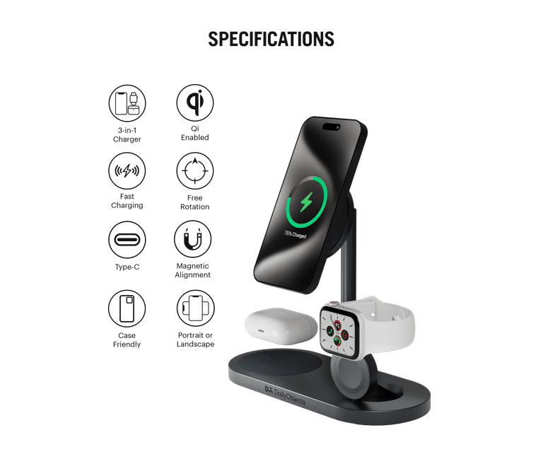 DailyObjects SURGE™ Max 3-in-1 Magnetic Wireless Charging Station - 30W | Compatible with iPhone 15, 14, 13, 12 & All Qi Enabled phones, Earbuds, Smartwatches | Fast Charging | USB Type C Port - Grey - Sellenza