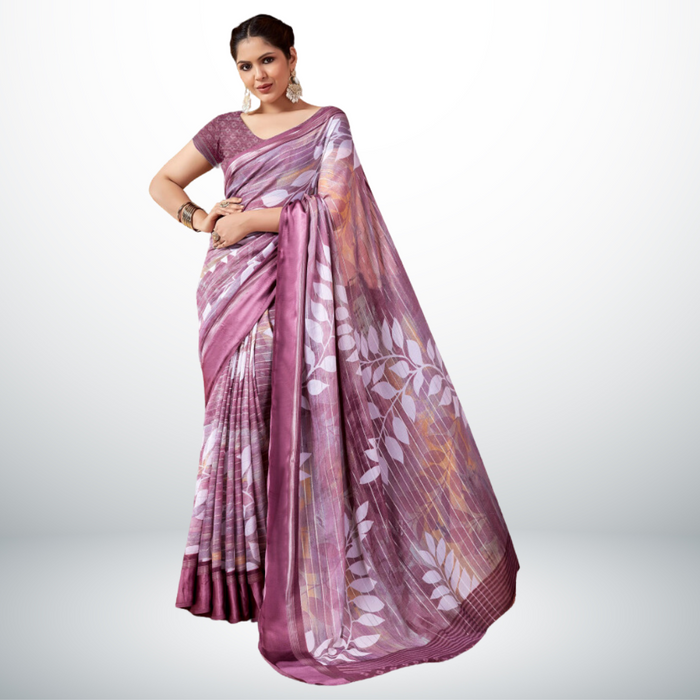 Lavender Leaf Print Georgette Saree