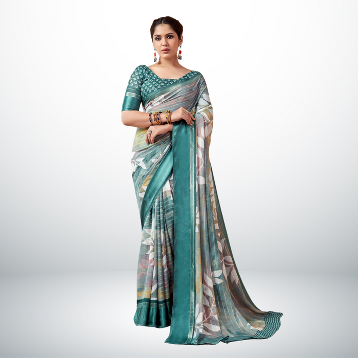 Green Geometric Print Georgette Saree