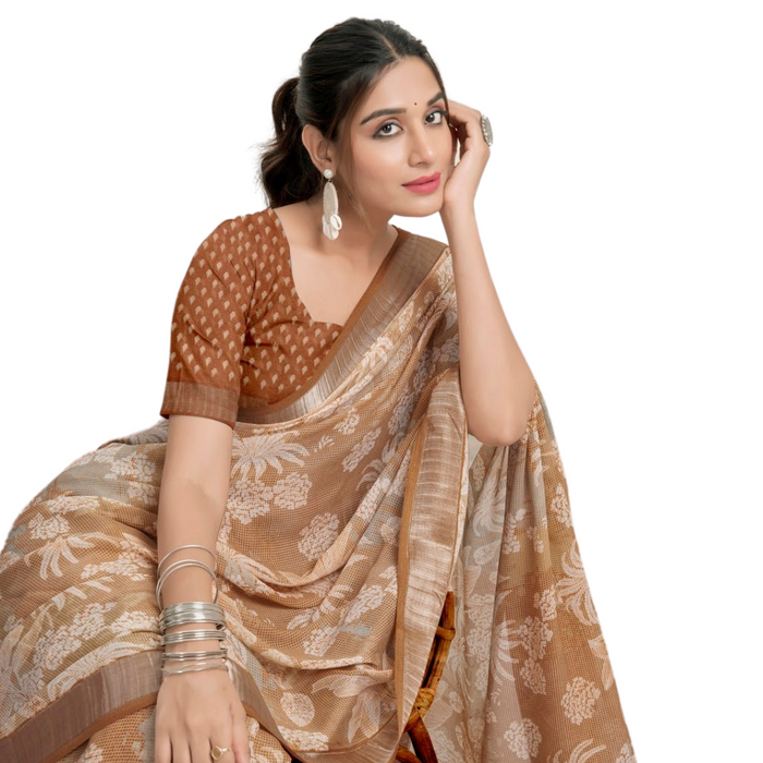 Golden-Brown Floral Saree