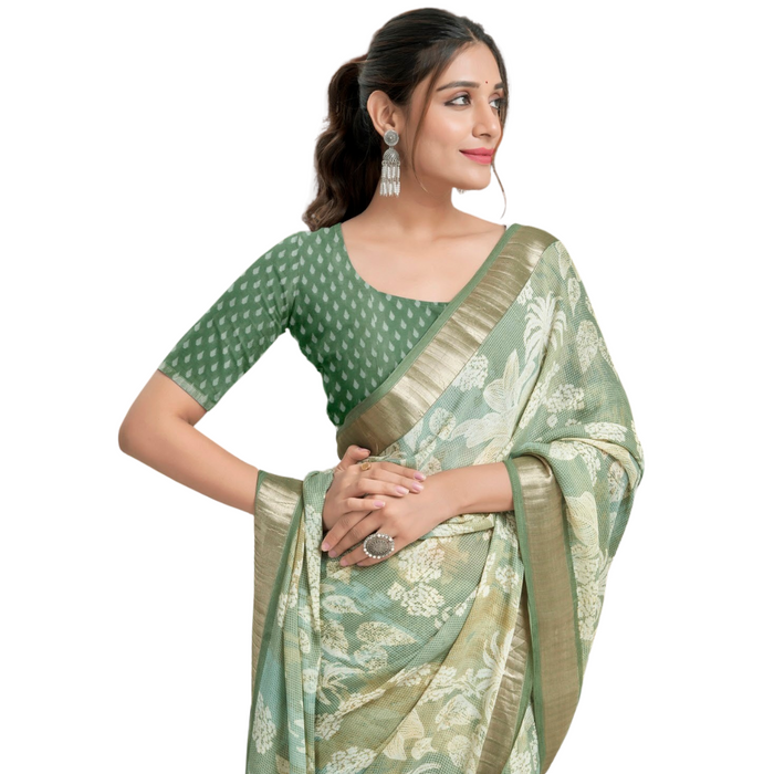 Mint Green Gold Floral Saree