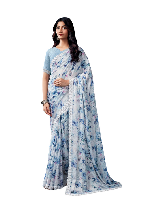 KALINI Blue Floral Organza Saree