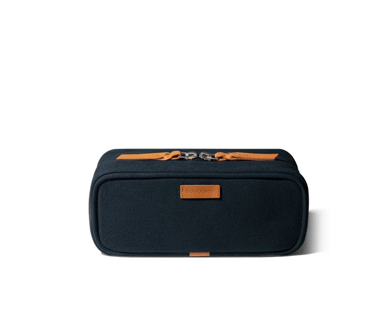 DailyObjects Midnight Blue Voyager Dopp Kit | Cotton Canvas, Unisex Travel Pouch, Spacious Dual Compartments with Genuine Leather Pullers, Polka Dot Prints, Durable Lifestyle Bags - Sellenza