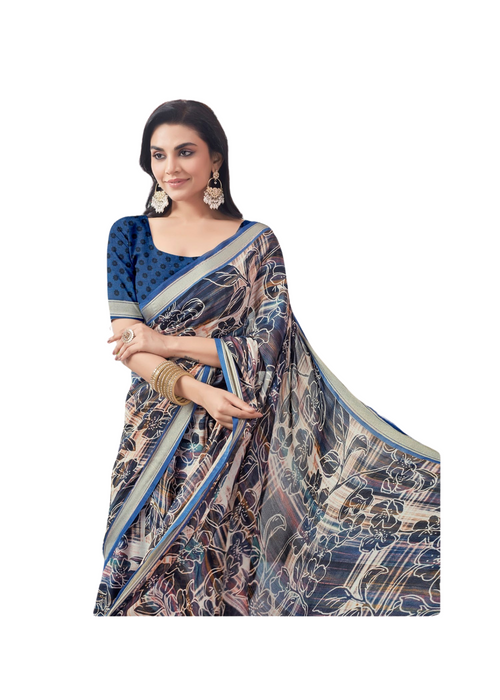 Navy Blue Paisley Floral Saree