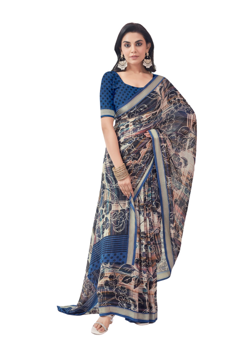 Navy Blue Paisley Floral Saree