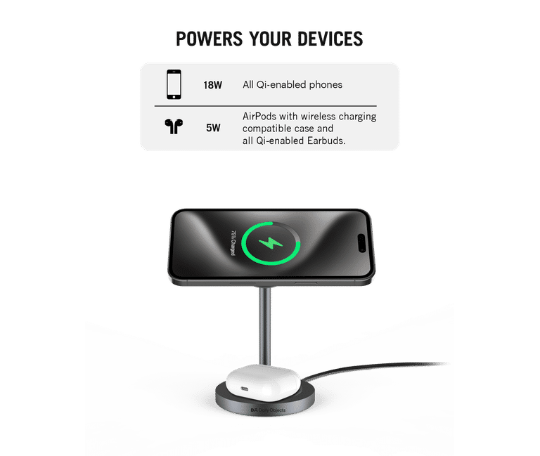 DailyObjects Surge™ Max 2-in-1 Magnetic Wireless Charging Station - 18W | Compatible with iPhone 15, 14, 13, 12 & All Qi Enabled Smartphones, Earbuds| Fast Charging | USB Type C Port - Grey - Sellenza