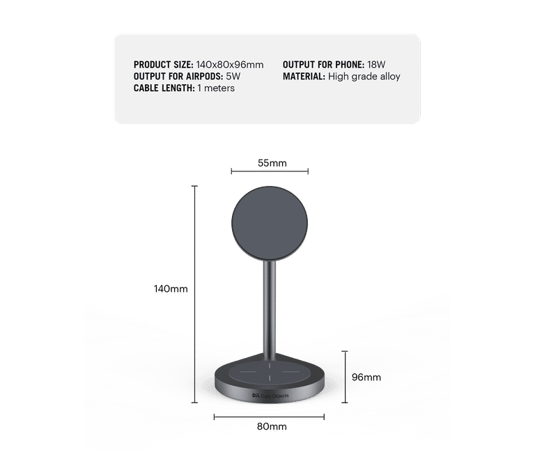 DailyObjects Surge™ Max 2-in-1 Magnetic Wireless Charging Station - 18W | Compatible with iPhone 15, 14, 13, 12 & All Qi Enabled Smartphones, Earbuds| Fast Charging | USB Type C Port - Grey - Sellenza