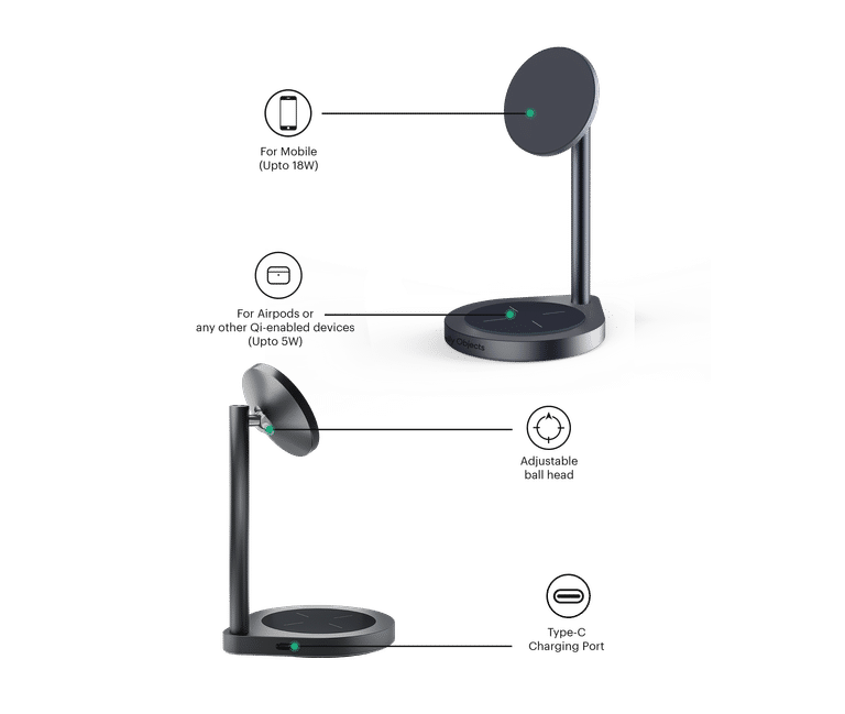 DailyObjects Surge™ Max 2-in-1 Magnetic Wireless Charging Station - 18W | Compatible with iPhone 15, 14, 13, 12 & All Qi Enabled Smartphones, Earbuds| Fast Charging | USB Type C Port - Grey - Sellenza