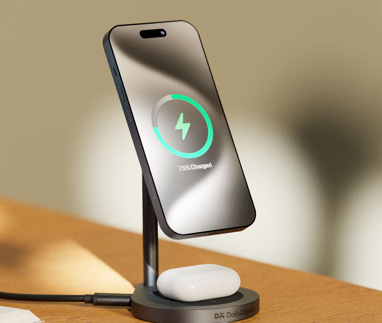 DailyObjects Surge™ Max 2-in-1 Magnetic Wireless Charging Station - 18W | Compatible with iPhone 15, 14, 13, 12 & All Qi Enabled Smartphones, Earbuds| Fast Charging | USB Type C Port - Grey - Sellenza