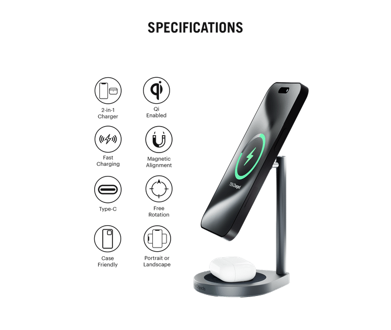 DailyObjects Surge™ Max 2-in-1 Magnetic Wireless Charging Station - 18W | Compatible with iPhone 15, 14, 13, 12 & All Qi Enabled Smartphones, Earbuds| Fast Charging | USB Type C Port - Grey - Sellenza