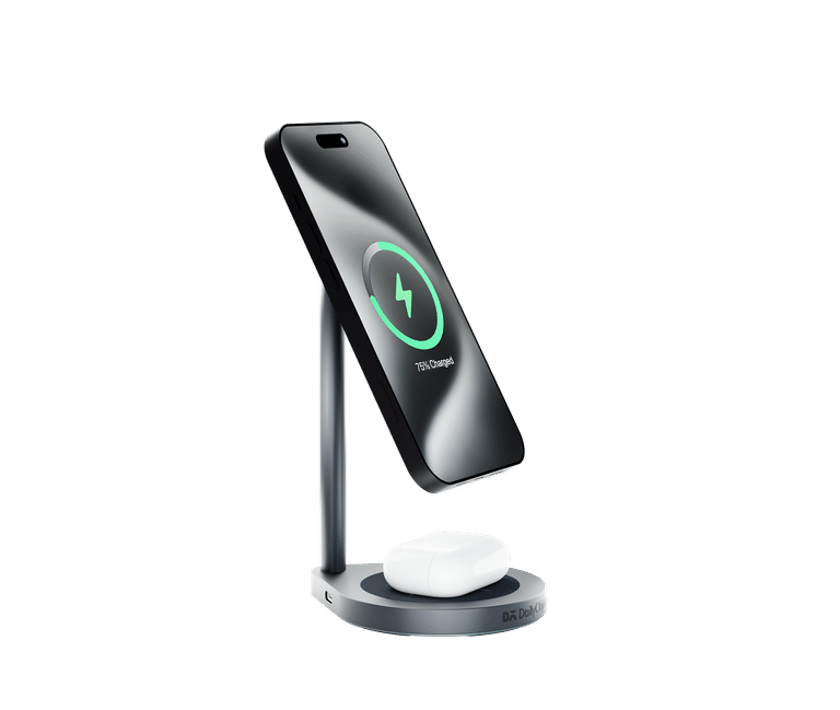 DailyObjects Surge™ Max 2-in-1 Magnetic Wireless Charging Station - 18W | Compatible with iPhone 15, 14, 13, 12 & All Qi Enabled Smartphones, Earbuds| Fast Charging | USB Type C Port - Grey - Sellenza